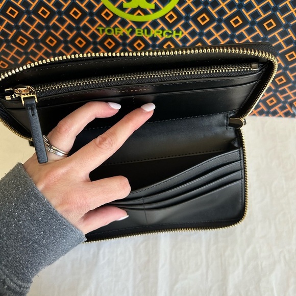 Tory Burch Emerson Canvas Zip Continental Wallet Multi Leather Black Tan Gold - Picture 10 of 11